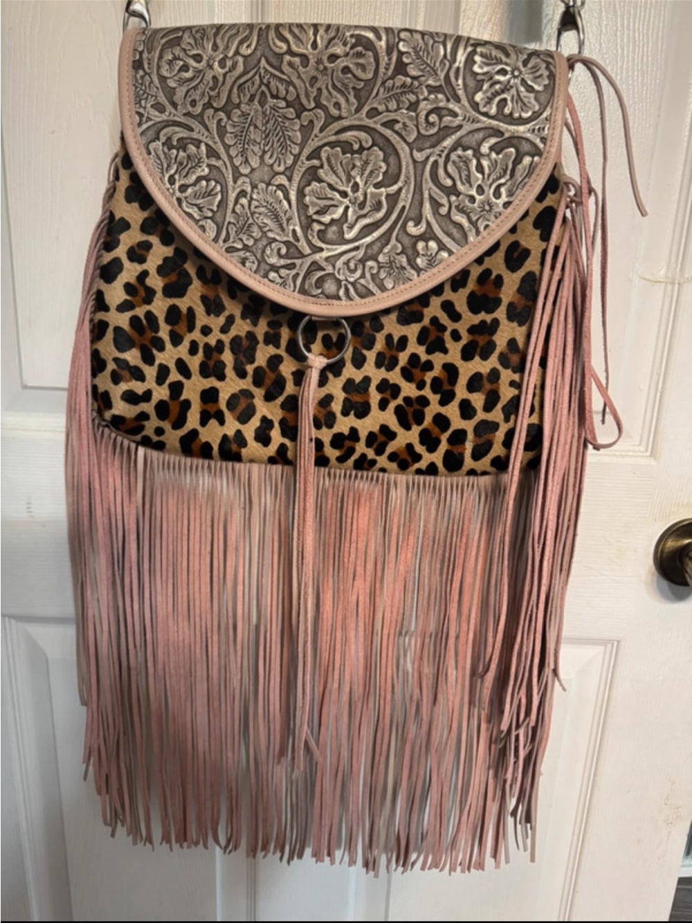 Leopard Print Fringe Shoulder Bag in Blush Pink with Floral Embossed Flap